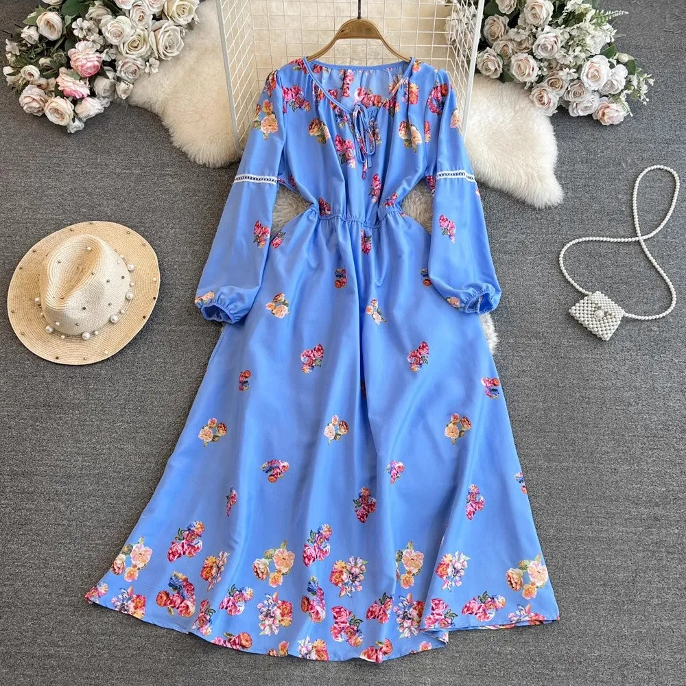 Fashionabal long-sleeved round neck A-line printed dress elegant long skirt     S4252