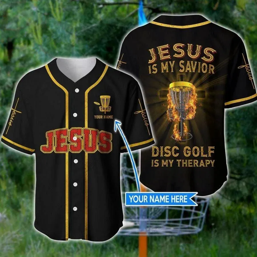 Flame Jesus Disc Golf Is My Therapy Cross Custom Baseball Jersey - Personalized Jesus Baseball Jersey For Men and Women