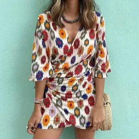 flare sleeve V-neck women dress