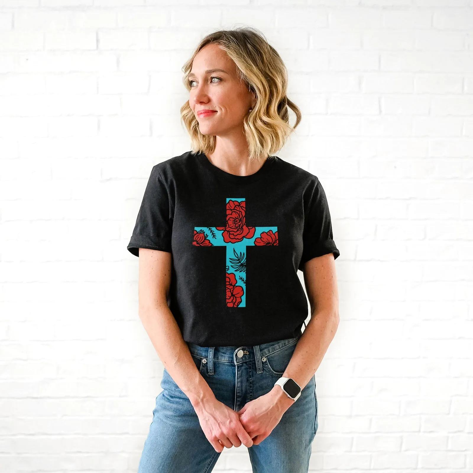 Floral Cross Bright Tee Shirts For Women - Christian Shirts for Women - Religious Tee Shirts