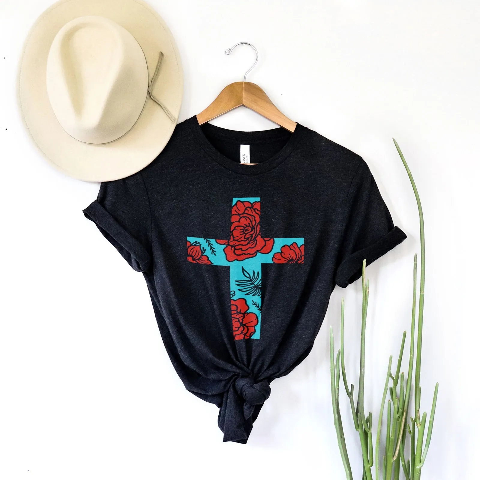 Floral Cross Bright Tee Shirts For Women - Christian Shirts for Women - Religious Tee Shirts