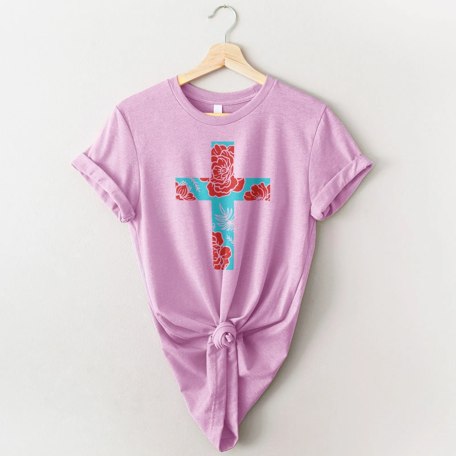 Floral Cross Bright Tee Shirts For Women - Christian Shirts for Women - Religious Tee Shirts