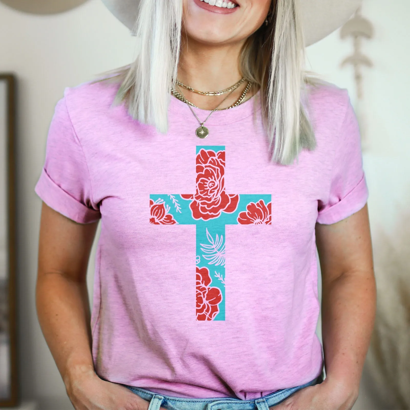 Floral Cross Bright Tee Shirts For Women - Christian Shirts for Women - Religious Tee Shirts