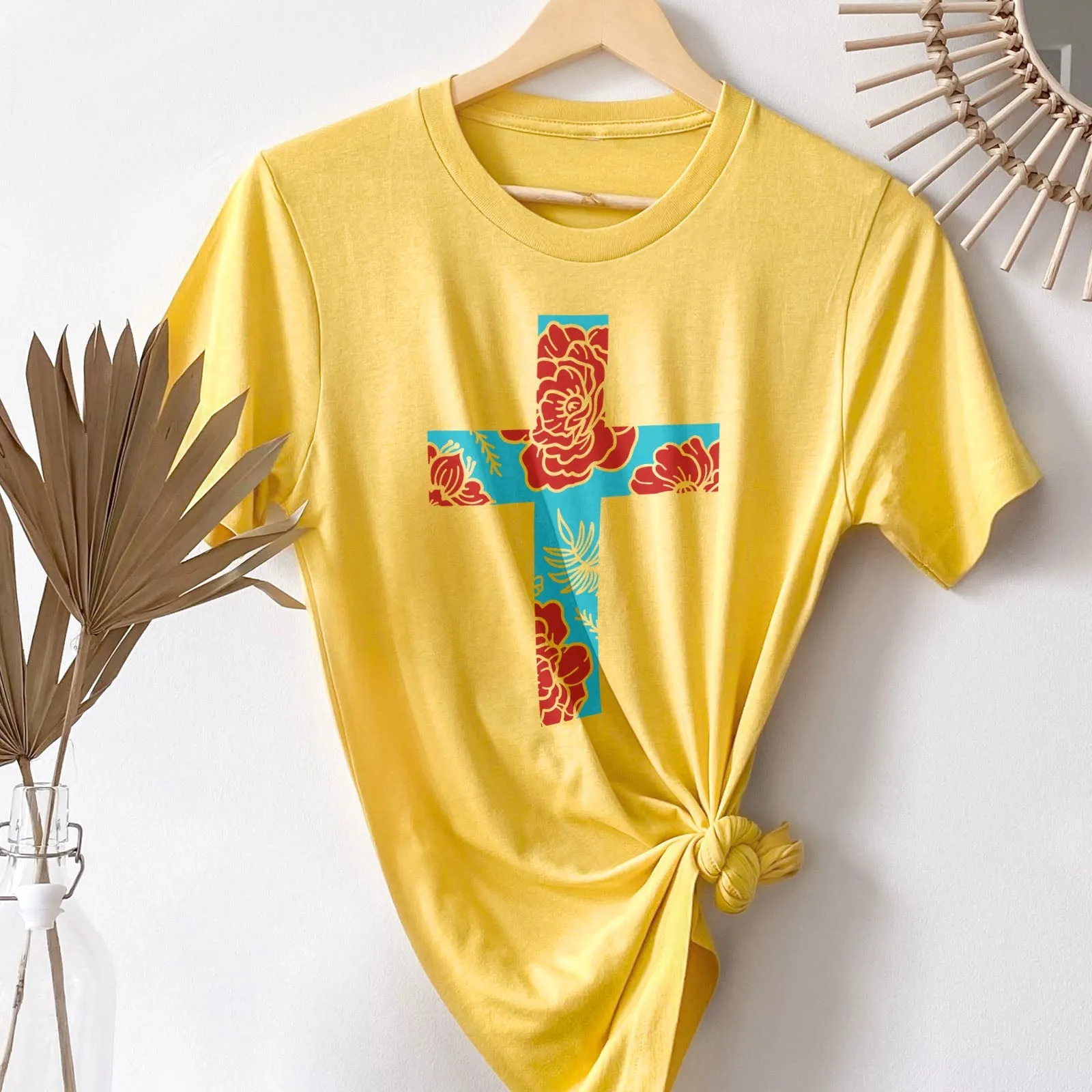 Floral Cross Bright Tee Shirts For Women - Christian Shirts for Women - Religious Tee Shirts