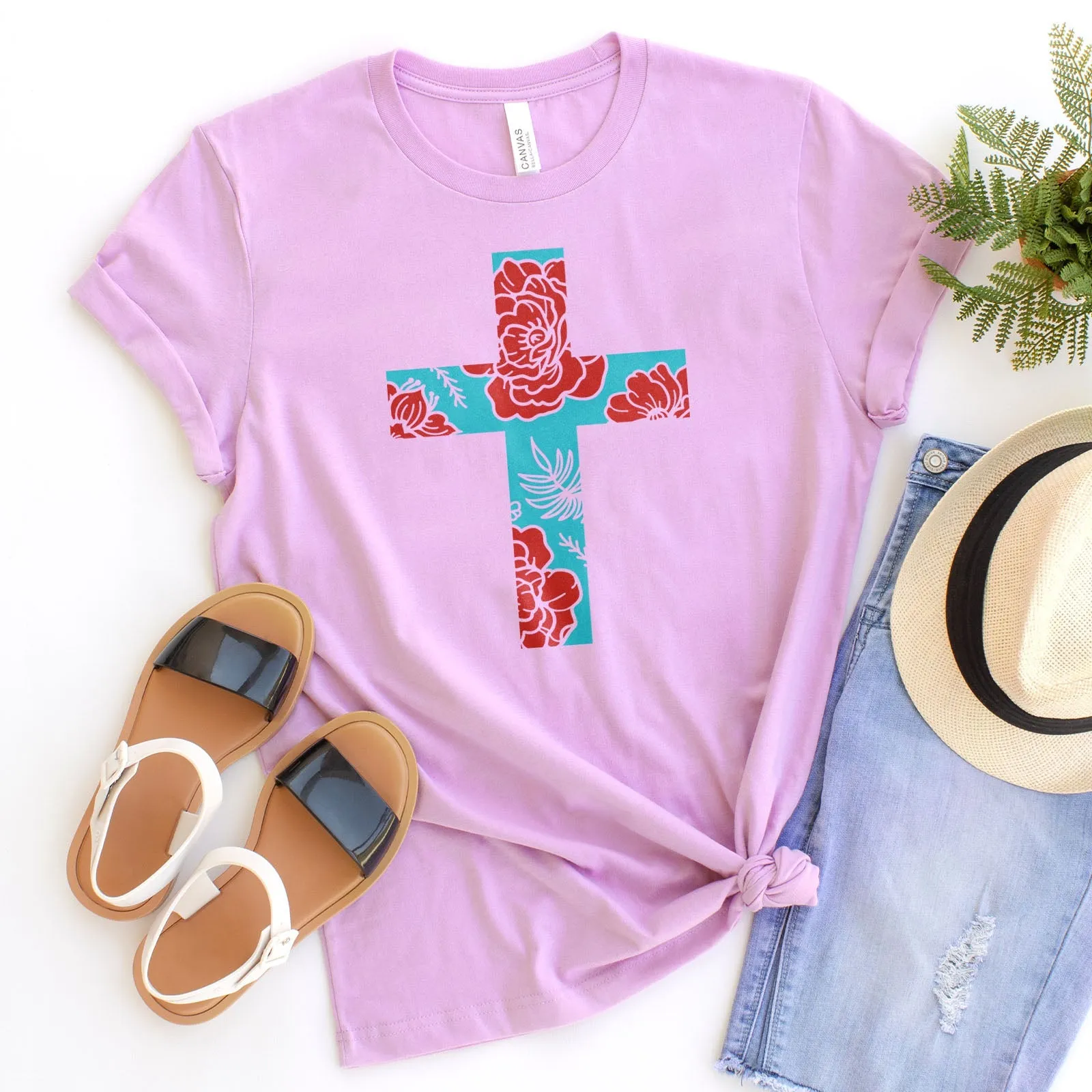 Floral Cross Bright Tee Shirts For Women - Christian Shirts for Women - Religious Tee Shirts