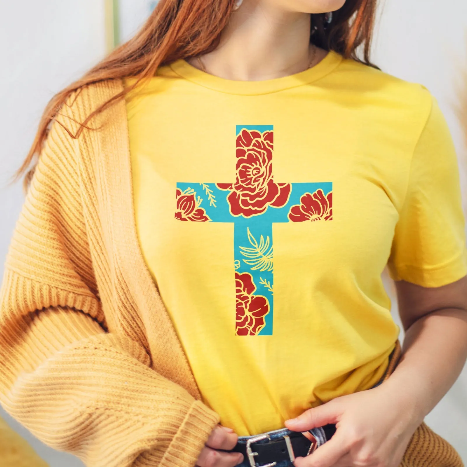 Floral Cross Bright Tee Shirts For Women - Christian Shirts for Women - Religious Tee Shirts