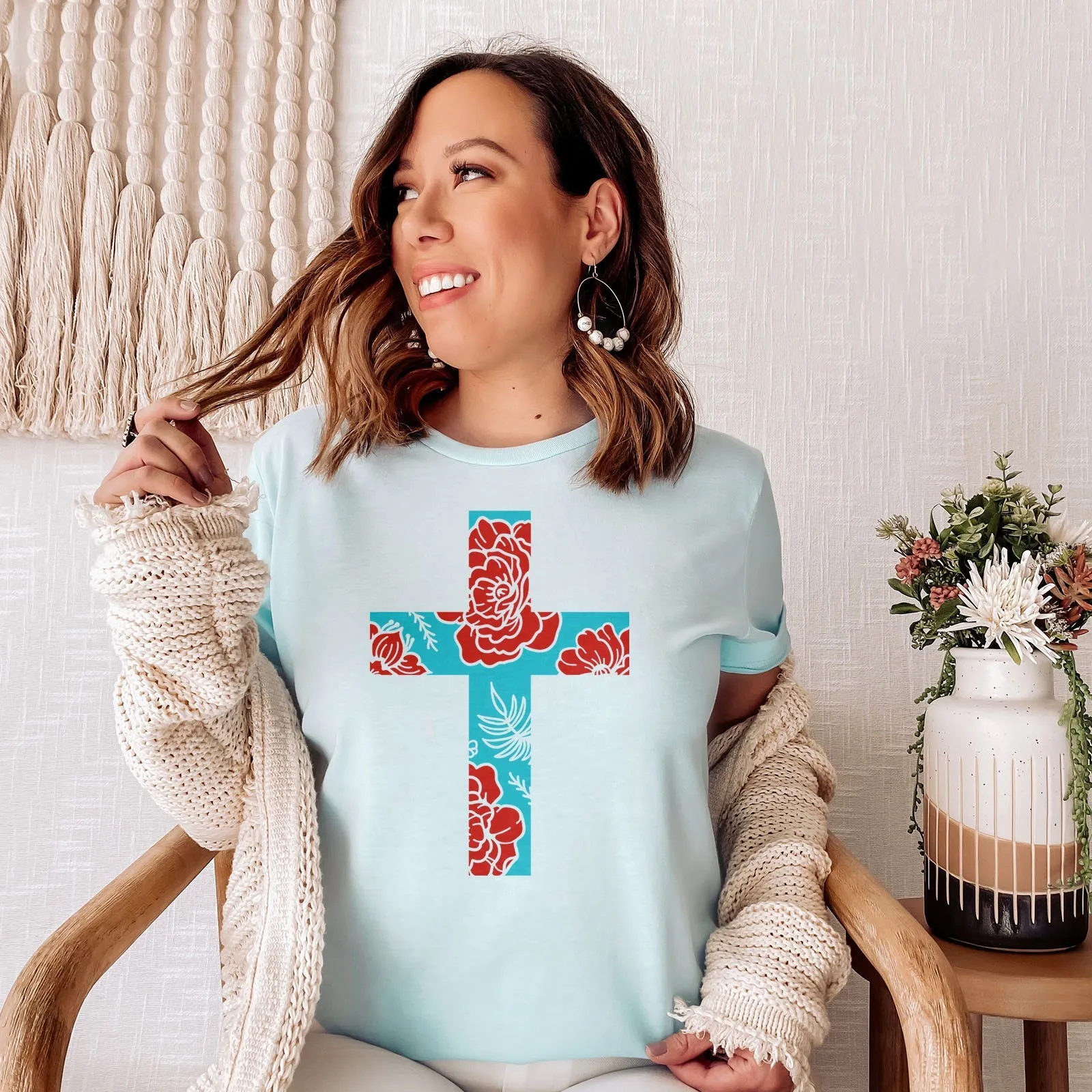 Floral Cross Bright Tee Shirts For Women - Christian Shirts for Women - Religious Tee Shirts