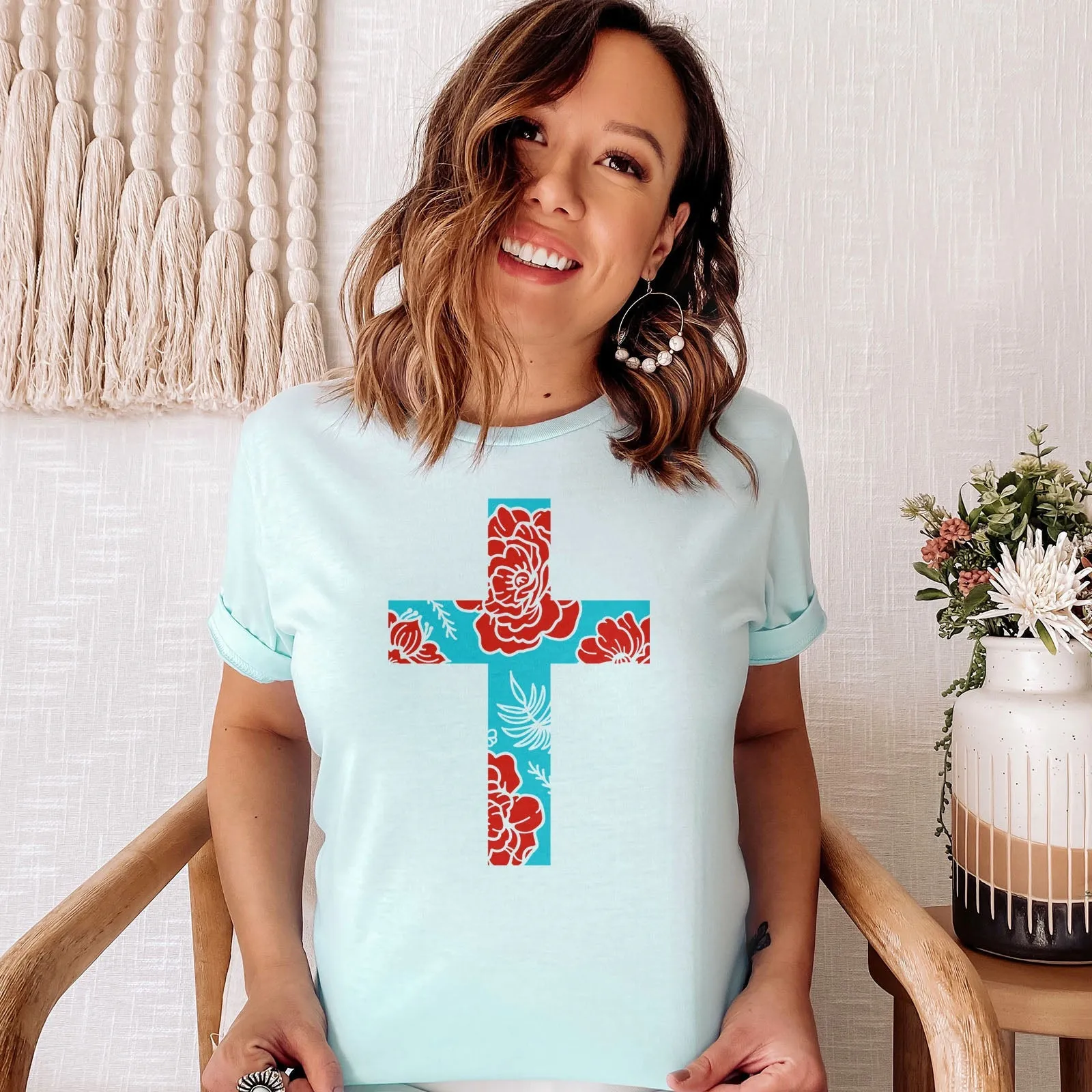 Floral Cross Bright Tee Shirts For Women - Christian Shirts for Women - Religious Tee Shirts