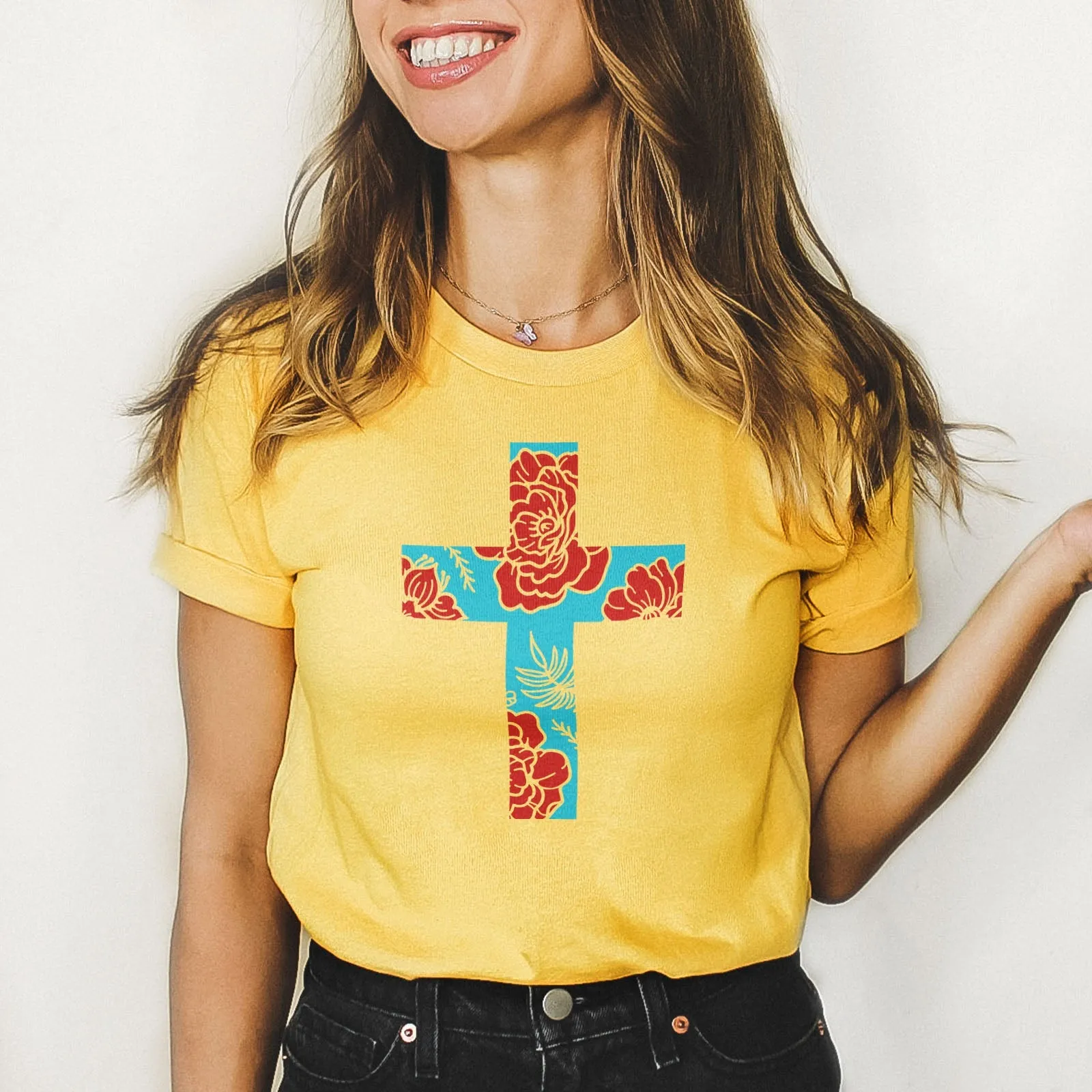 Floral Cross Bright Tee Shirts For Women - Christian Shirts for Women - Religious Tee Shirts