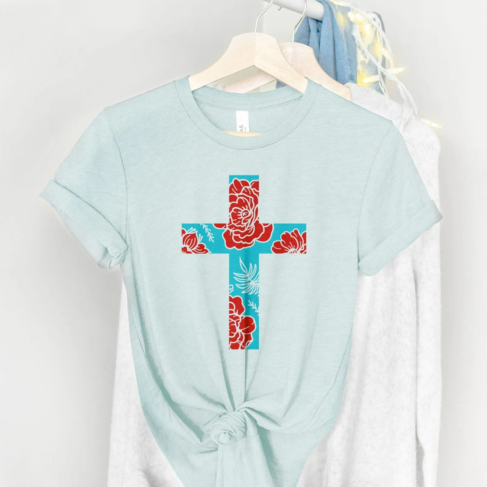 Floral Cross Bright Tee Shirts For Women - Christian Shirts for Women - Religious Tee Shirts