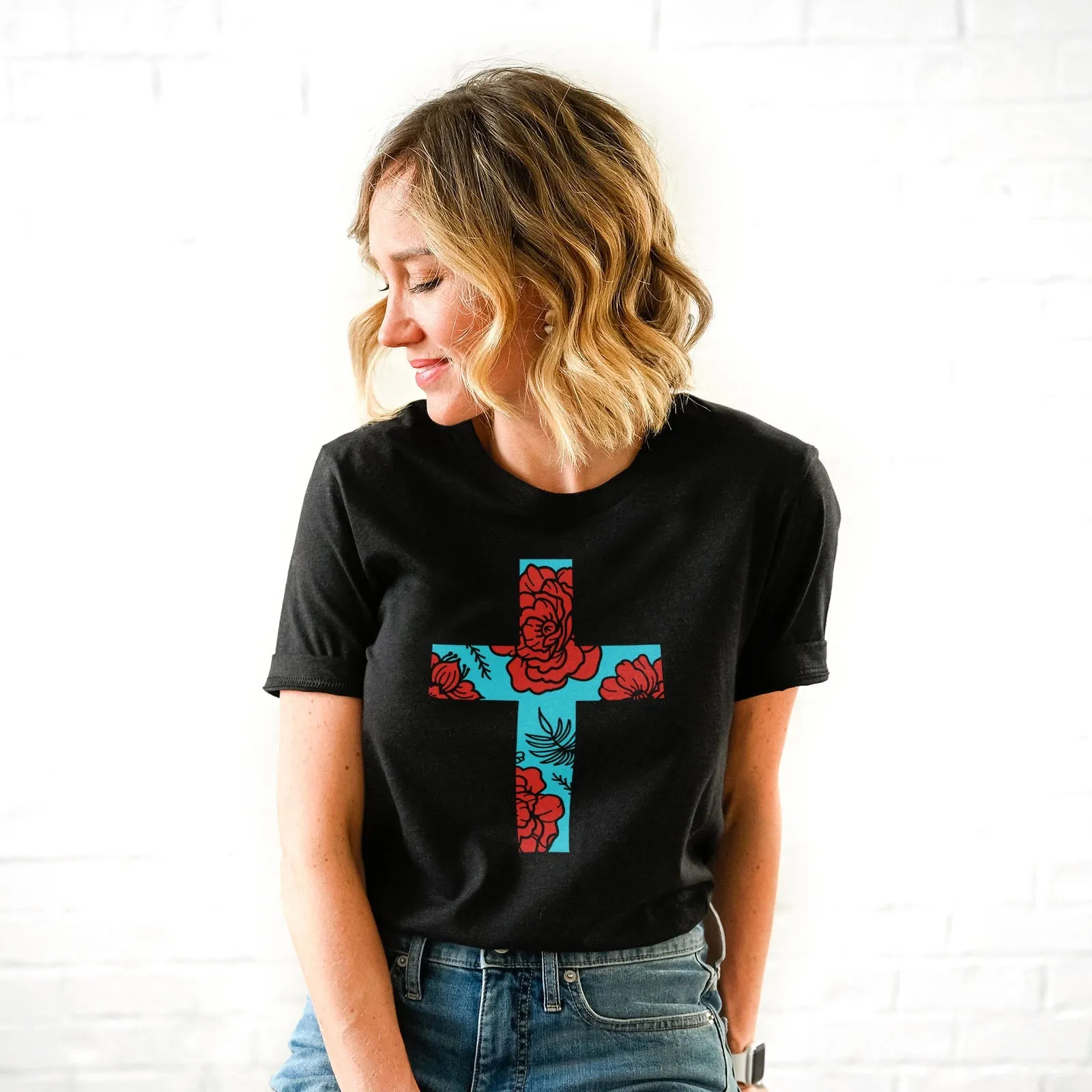 Floral Cross Bright Tee Shirts For Women - Christian Shirts for Women - Religious Tee Shirts