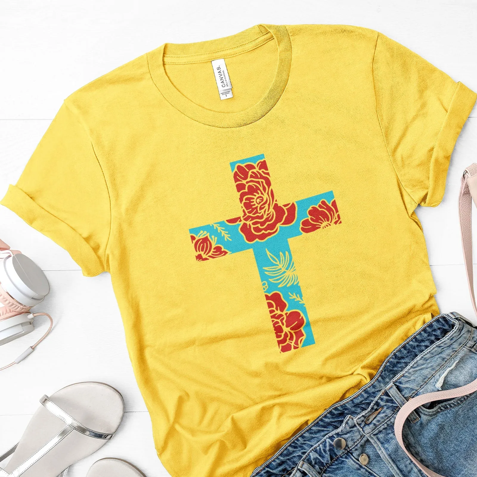 Floral Cross Bright Tee Shirts For Women - Christian Shirts for Women - Religious Tee Shirts