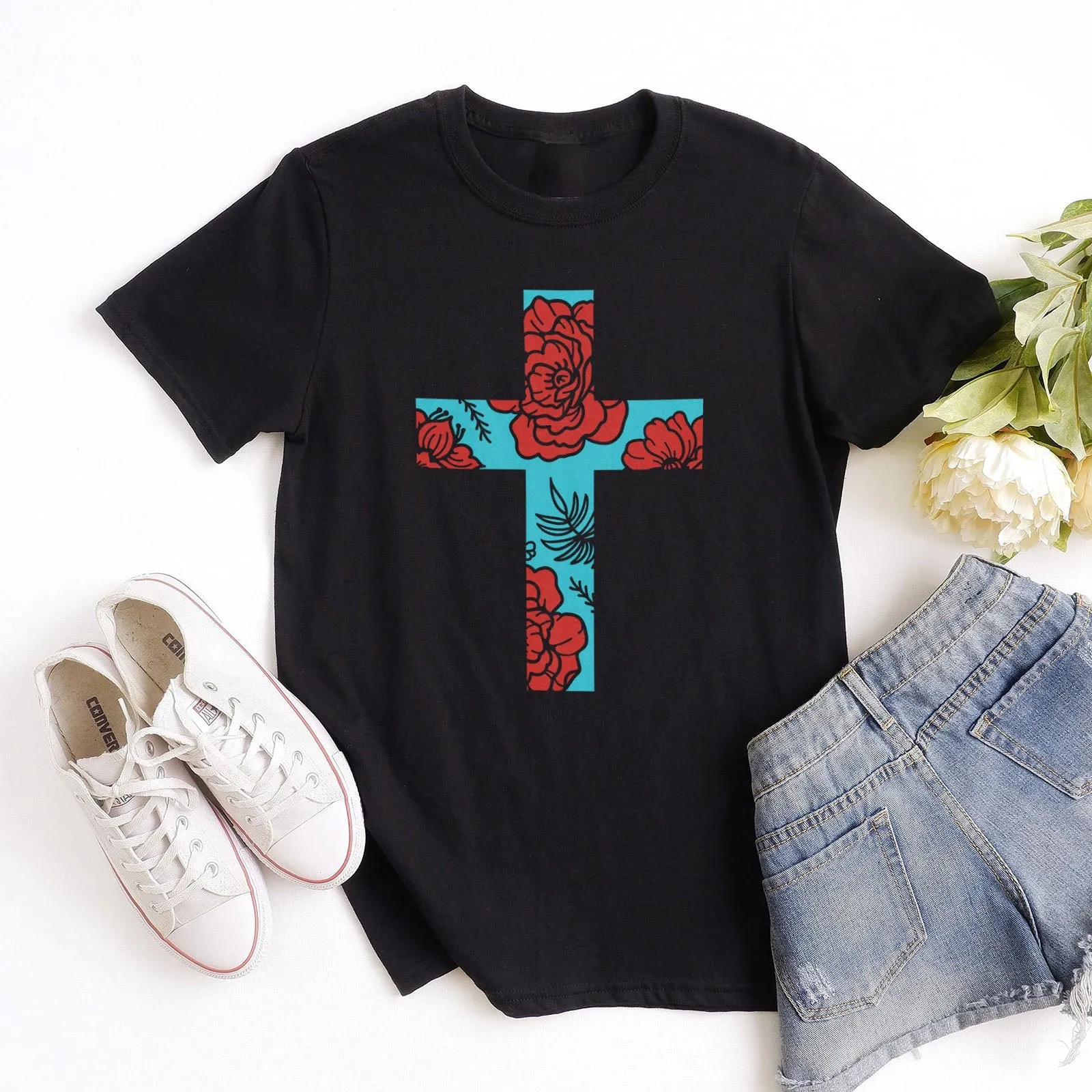 Floral Cross Bright Tee Shirts For Women - Christian Shirts for Women - Religious Tee Shirts