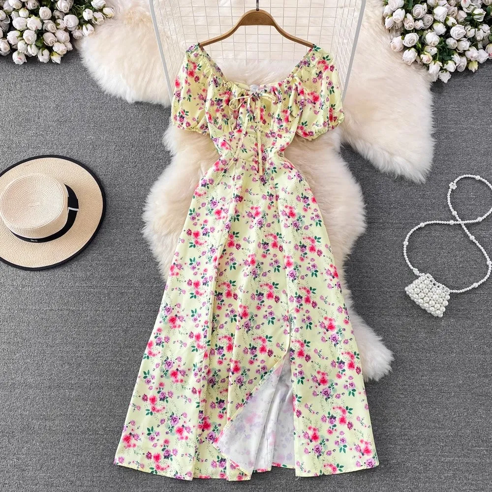 floral puff sleeves lace-up sexy dress women's long dress     S3971