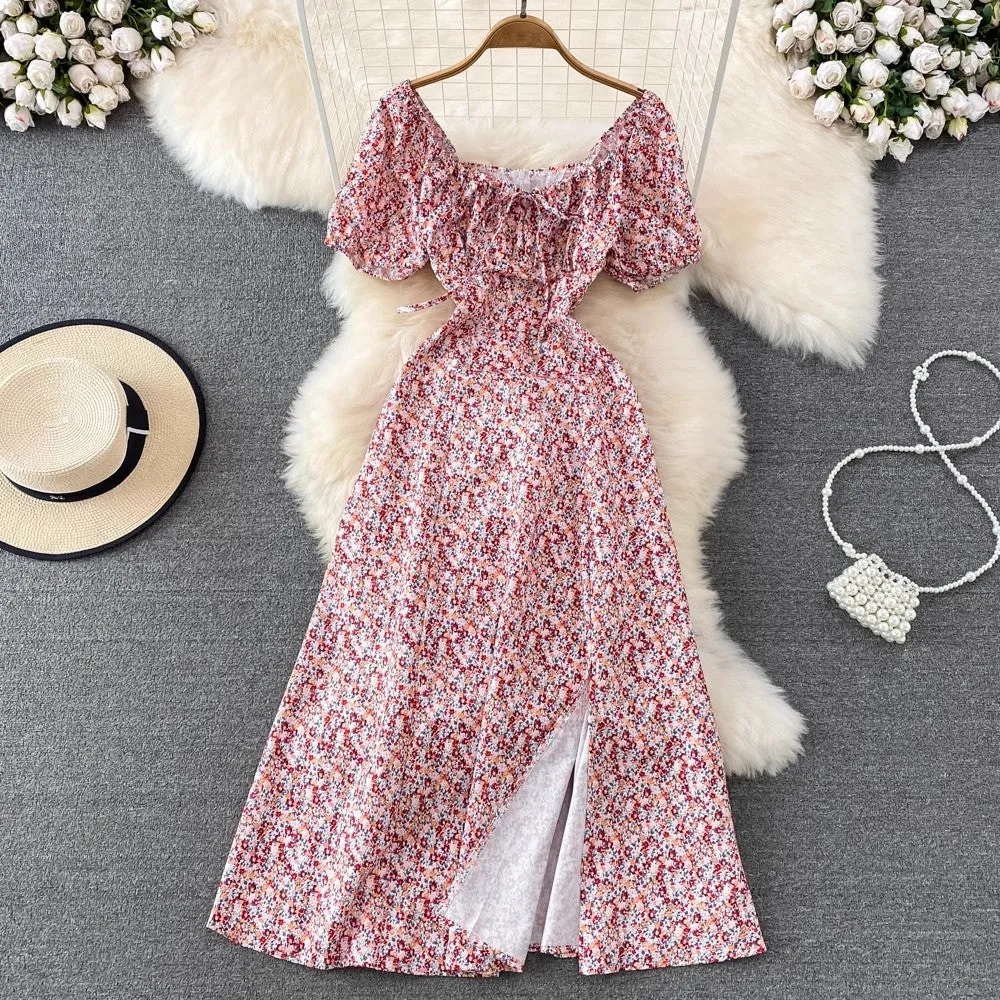 floral puff sleeves lace-up sexy dress women's long dress     S3971