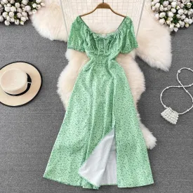 floral puff sleeves lace-up sexy dress women's long dress     S3971