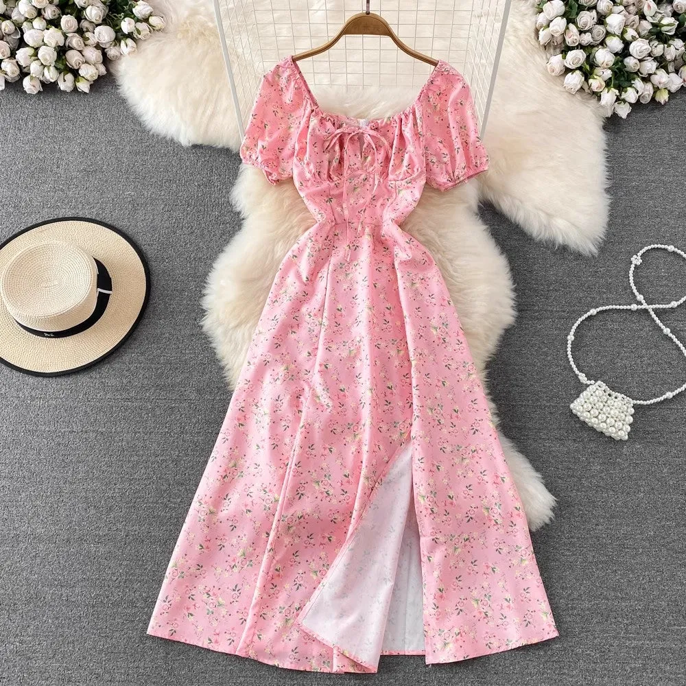 floral puff sleeves lace-up sexy dress women's long dress     S3971