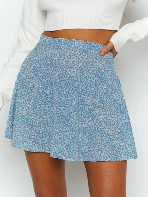 Floral skirt high waist umbrella skirt invisible zipper chiffon printed skirt for women