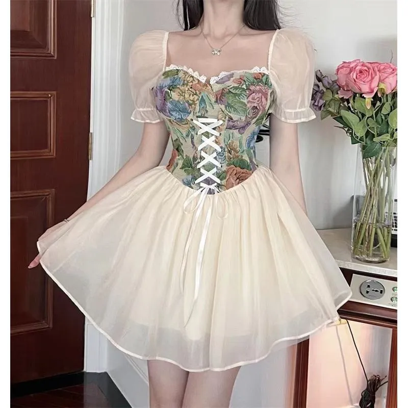 Full-Skirt Style Bubble Sleeve Lace Square Collar Patchwork French Style Dress