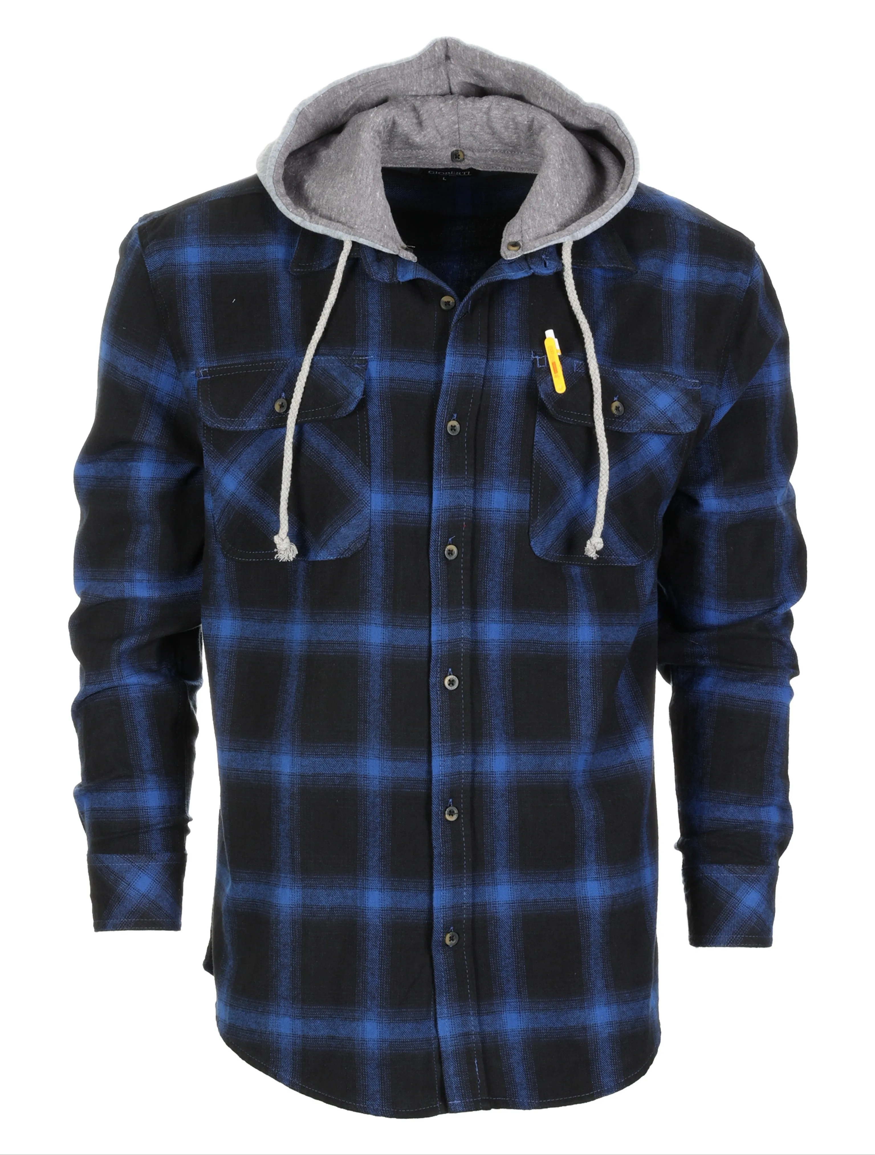 Gioberti Men's Black / Blue Plaid Removable Hoodie Plaid Checkered Flannel Button Down Shirt