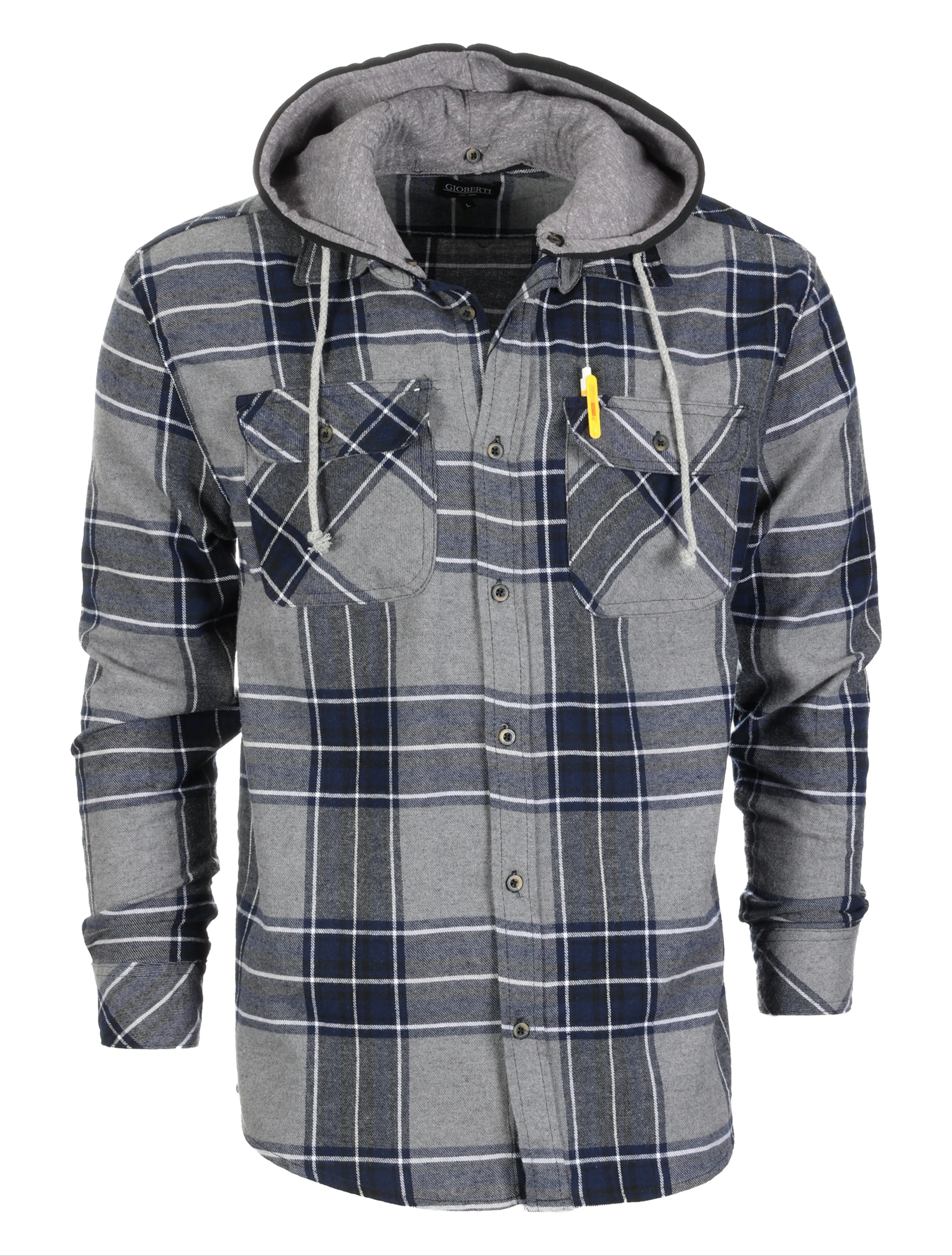 Gioberti Men's Gray / Navy / White Highlight Removable Hoodie Plaid Checkered Flannel Button Down Shirt