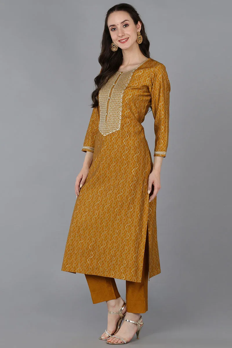 Gold Silk Blend Bandhani Print Embroidered Straight Suit Set