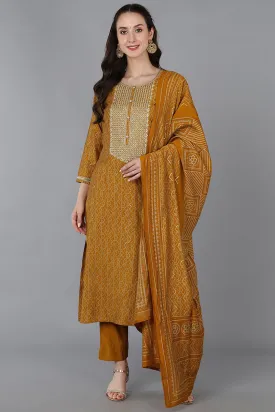 Gold Silk Blend Bandhani Print Embroidered Straight Suit Set