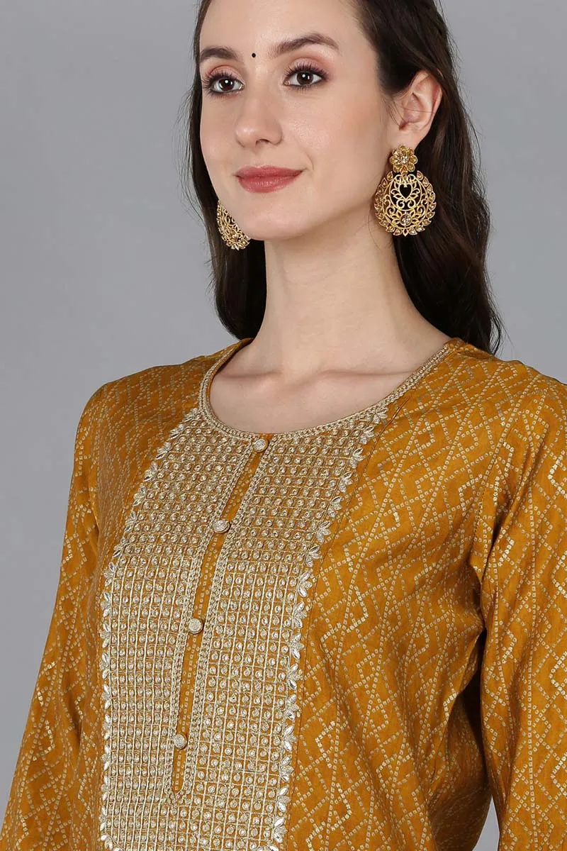 Gold Silk Blend Bandhani Print Embroidered Straight Suit Set