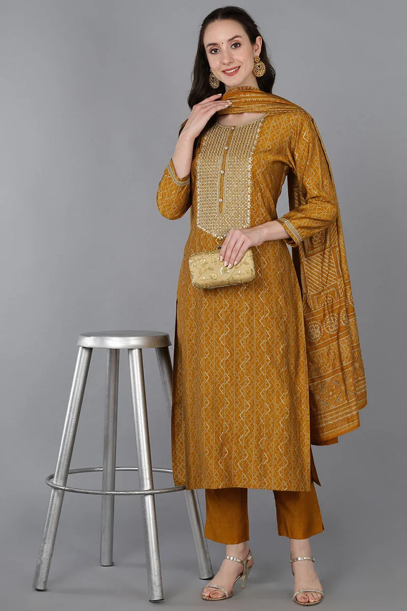 Gold Silk Blend Bandhani Print Embroidered Straight Suit Set