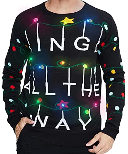 Goodstoworld Mens Womens Light Up Ugly Christmas Sweaters Tacky Black Knitted Pullover Jumper Led String Matching Xmas Funny Sweatshirt for Couples Gift Gingle All The Way