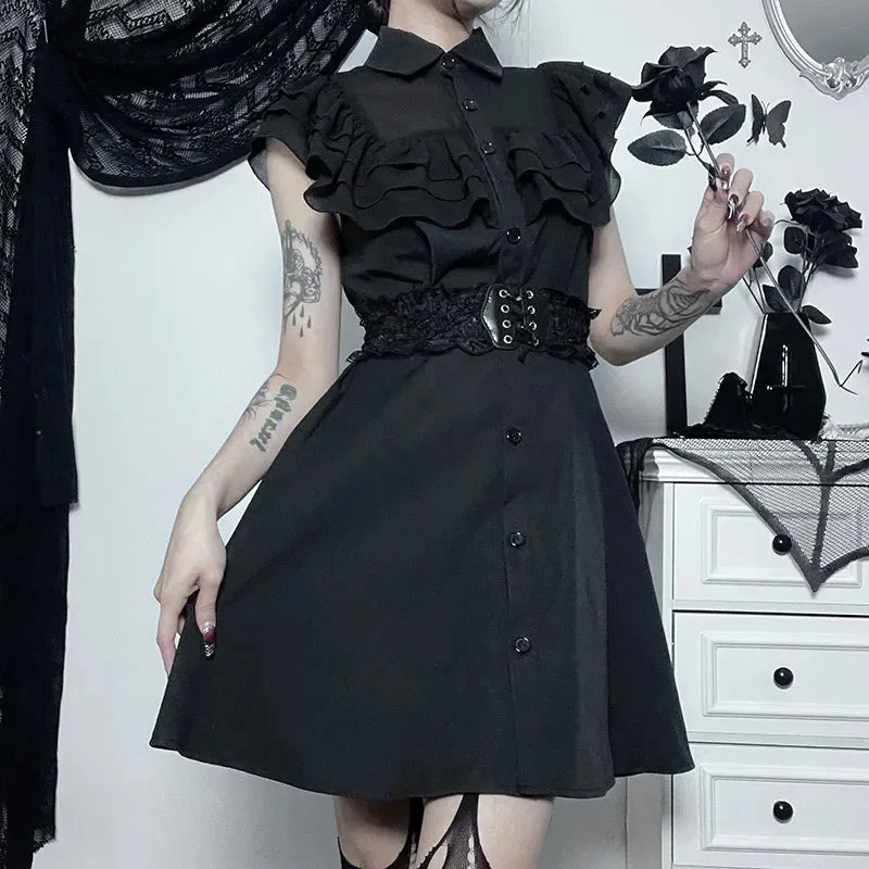 Gothic Mall Harajuku E Girl Mesh Patchwork Black Slim A Line Sexy Party Grunge Streetwear Gothic Dress