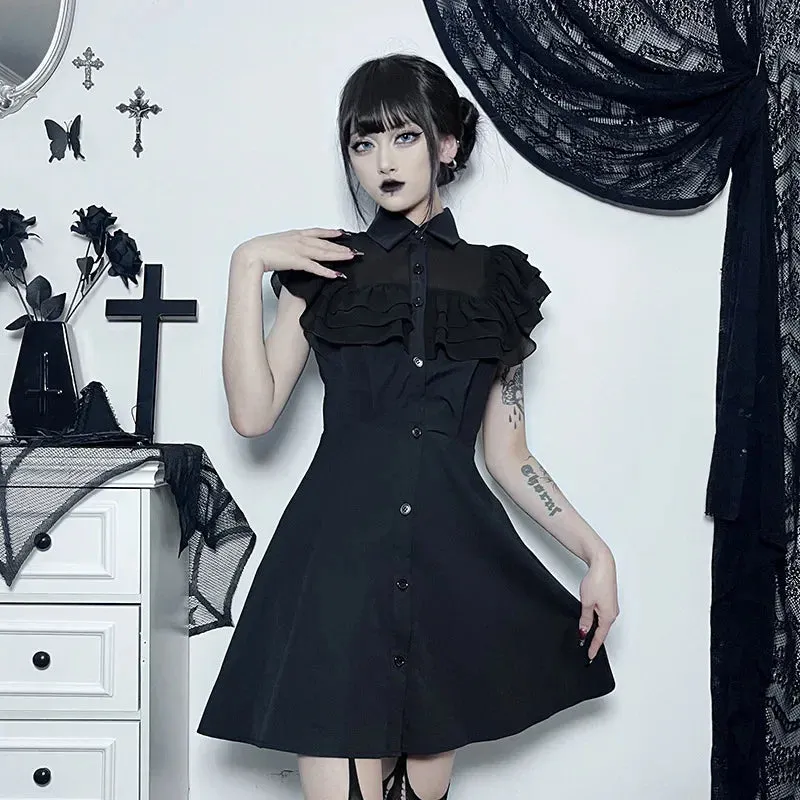 Gothic Mall Harajuku E Girl Mesh Patchwork Black Slim A Line Sexy Party Grunge Streetwear Gothic Dress