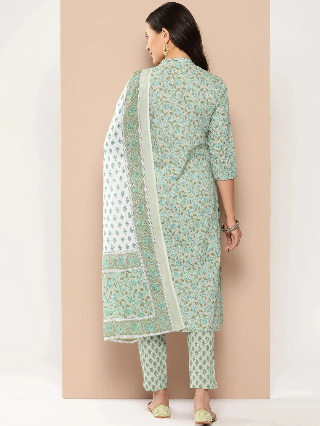 Green Floral Printed Regular Pure Cotton Kurta With Trousers & With Dupatta