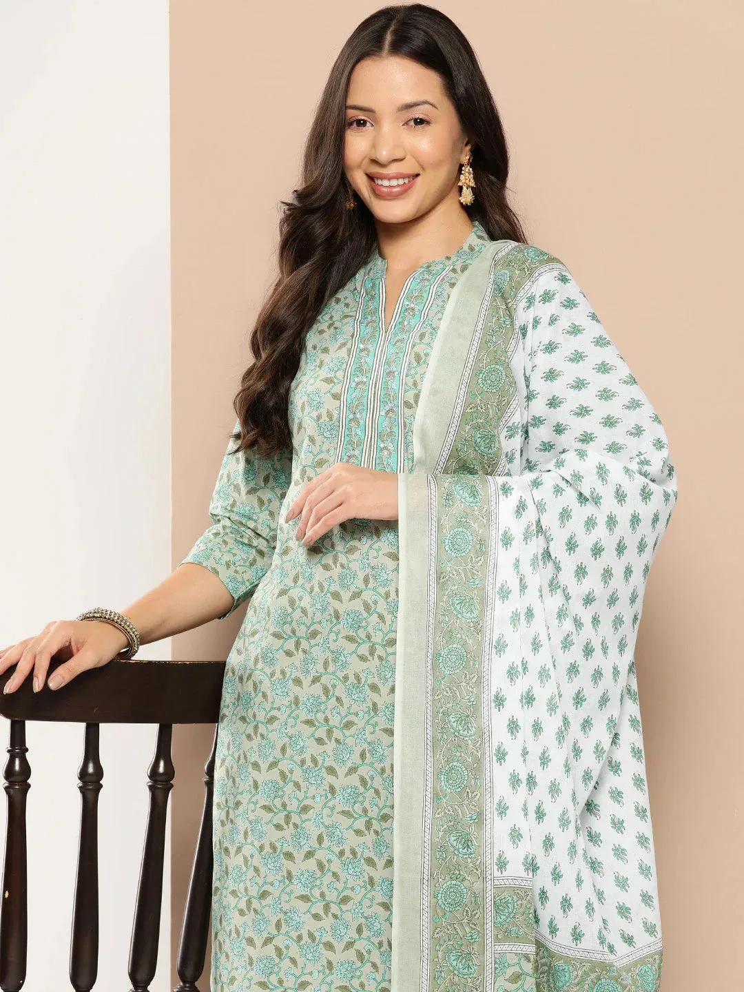 Green Floral Printed Regular Pure Cotton Kurta With Trousers & With Dupatta