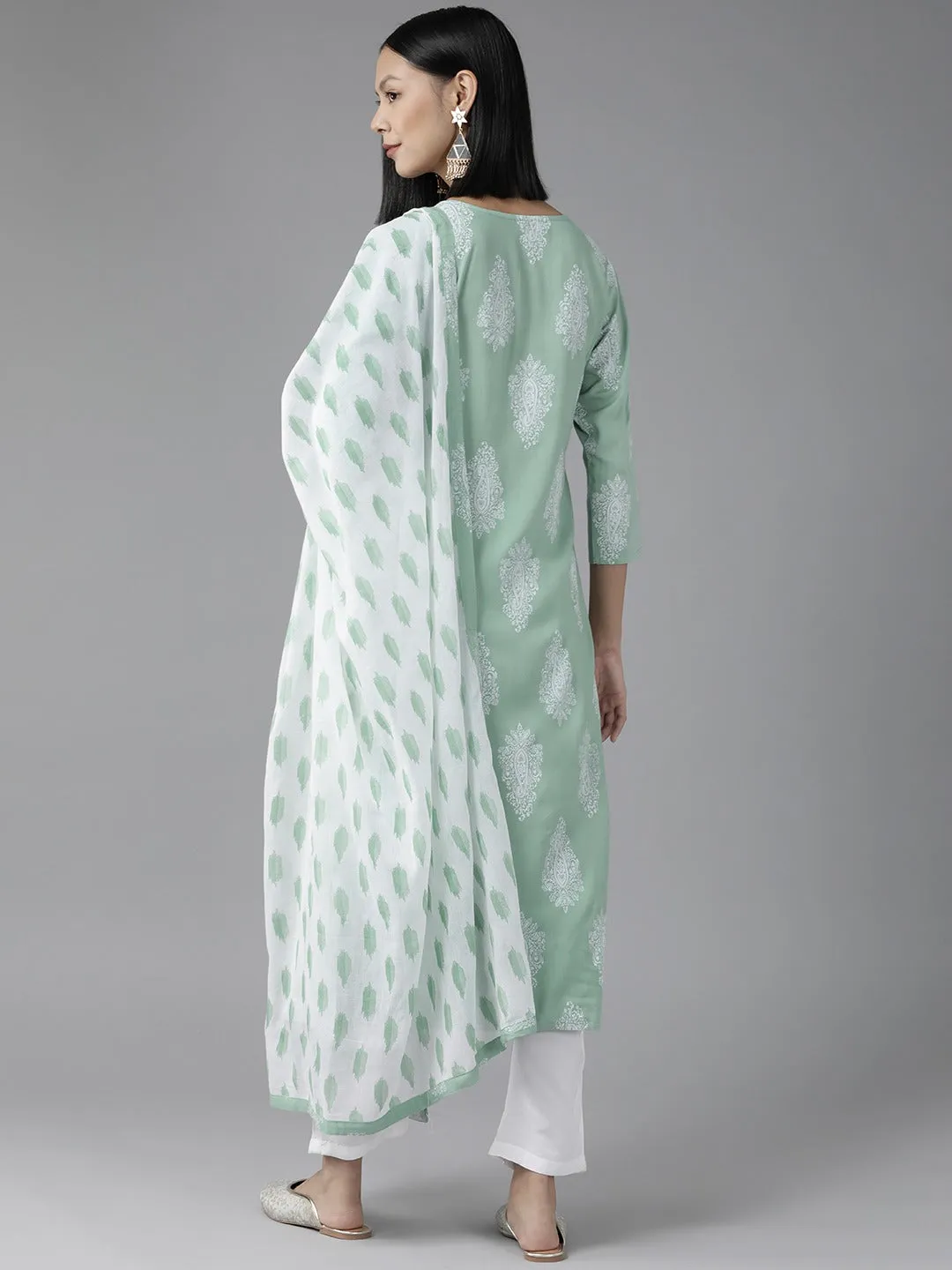 Green Printed Dupatta Set