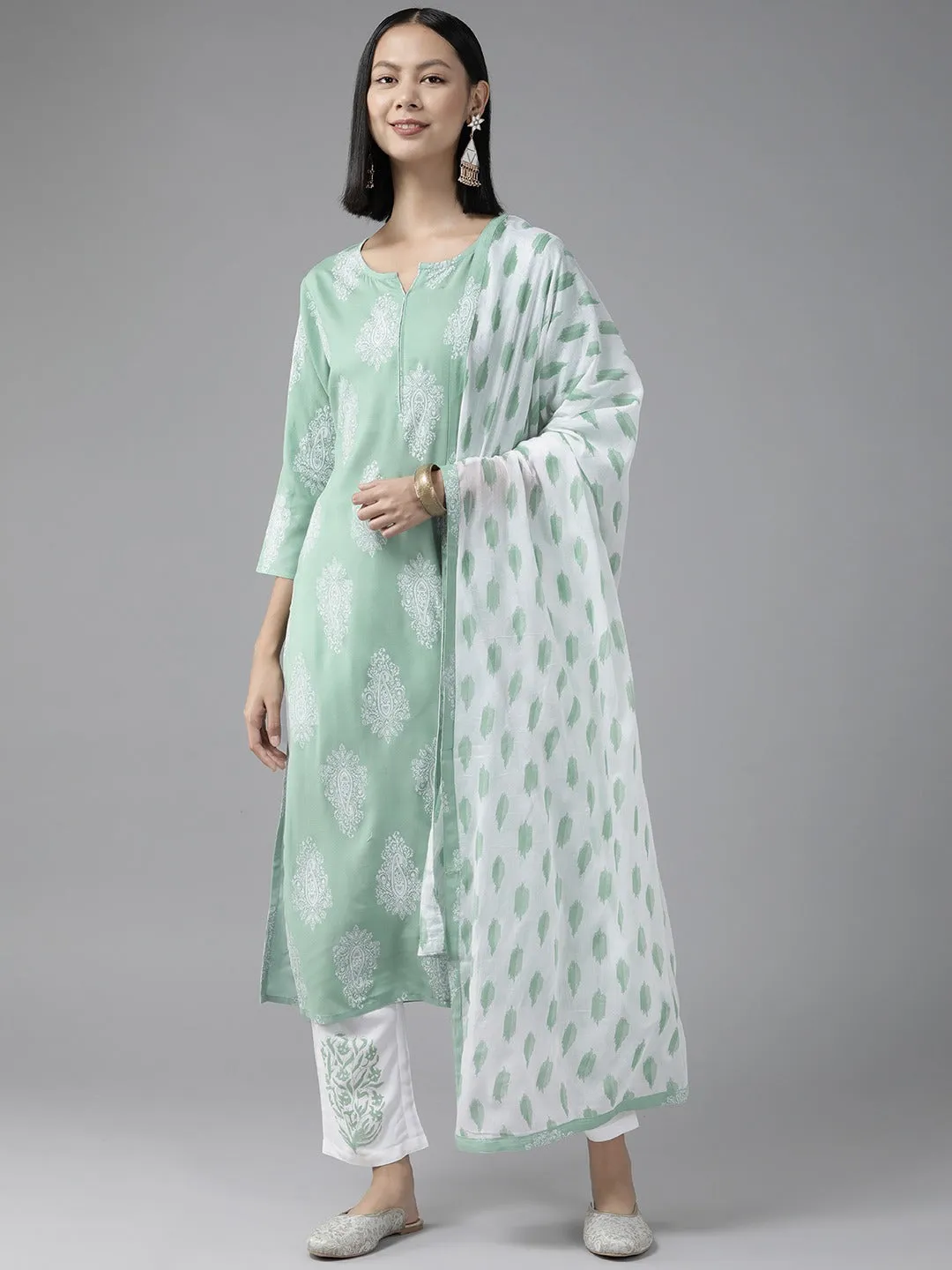 Green Printed Dupatta Set