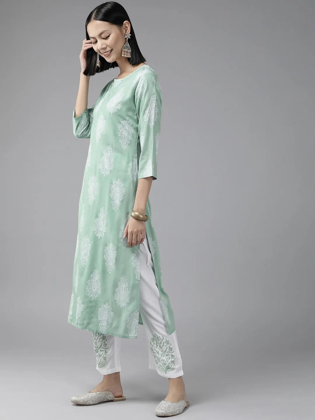 Green Printed Dupatta Set