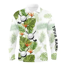 Green Tropical Leaf Pattern Mens Golf Long Sleeve Polo Shirts Custom Golf Ball Clubs Golf Apparel For Men