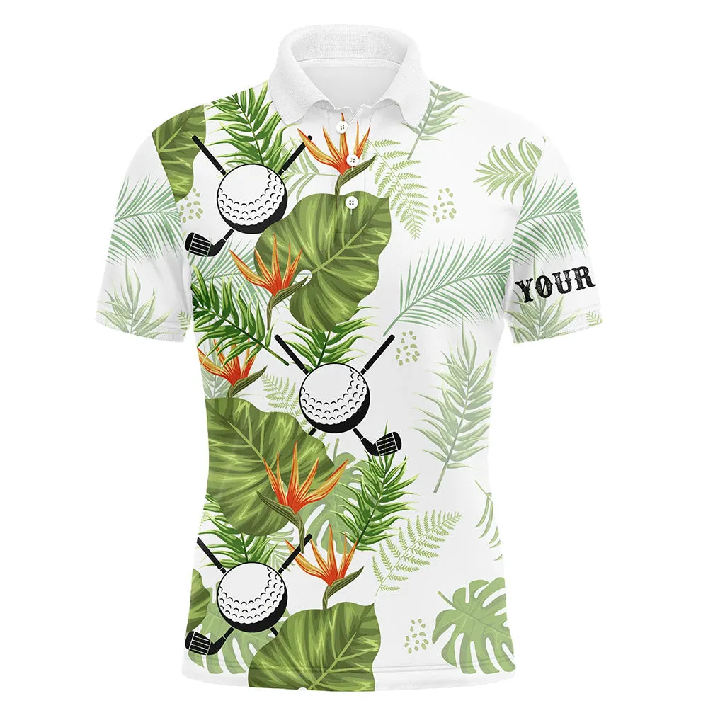 Green Tropical Leaf Pattern Mens Golf Long Sleeve Polo Shirts Custom Golf Ball Clubs Golf Apparel For Men