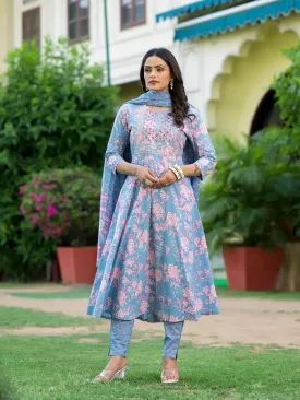 Grey Zari_Work Anarkali Kurta Pant Dupatta Set