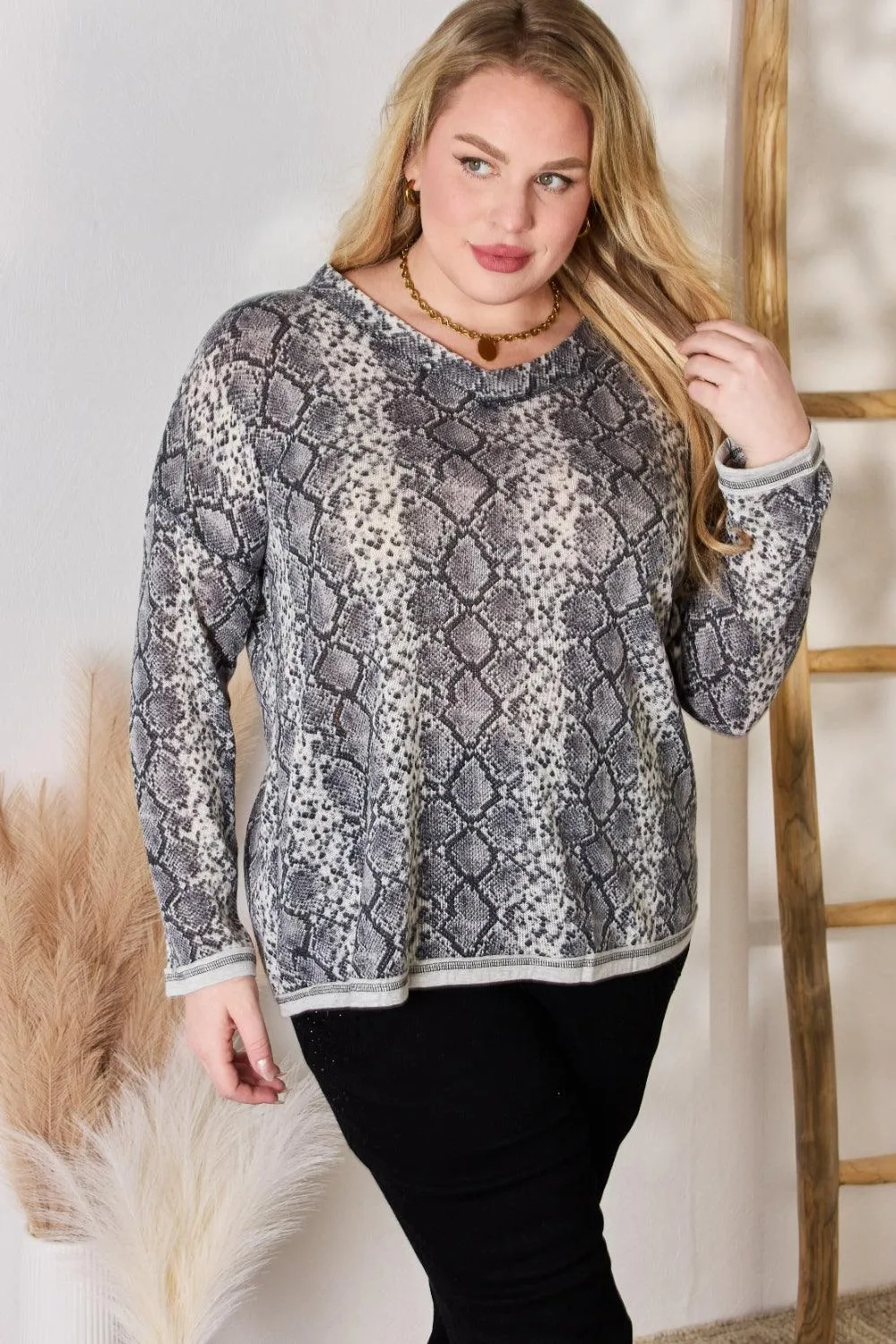 Hailey & Co Full Size Snakeskin V-Neck Long Sleeve Top