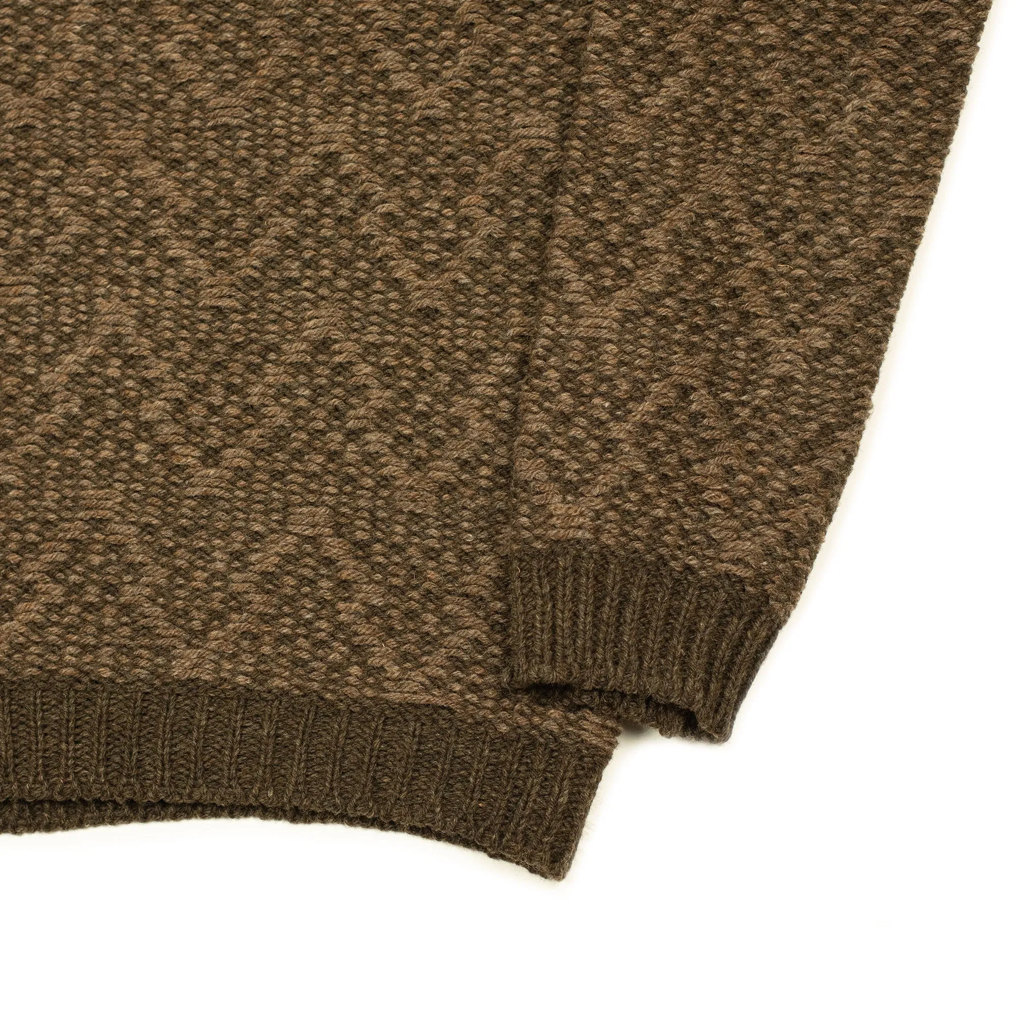 Handknit crewneck sweater in tonal brown wool chevron