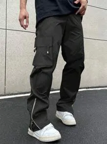 Homme Men Flap Pocket Side Zipper Cargo Pants