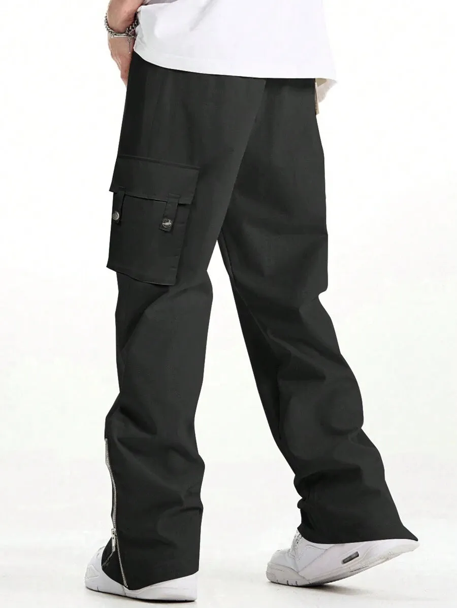 Homme Men Flap Pocket Side Zipper Cargo Pants