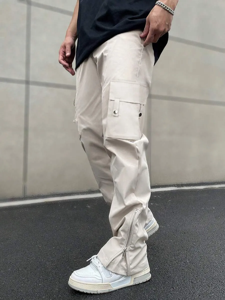 Homme Men Flap Pocket Side Zipper Cargo Pants