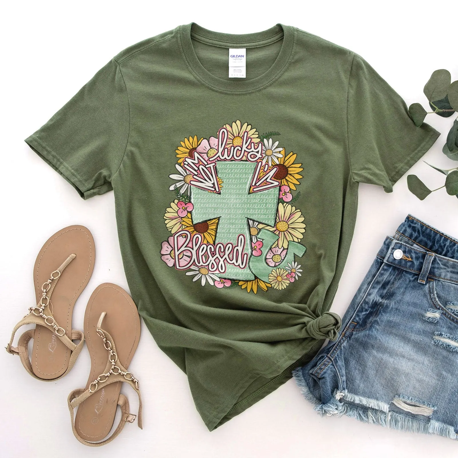 I'm Not Lucky I'm Blessed Floral Cross Tee Shirts For Women - Christian Shirts for Women - Religious Tee Shirts