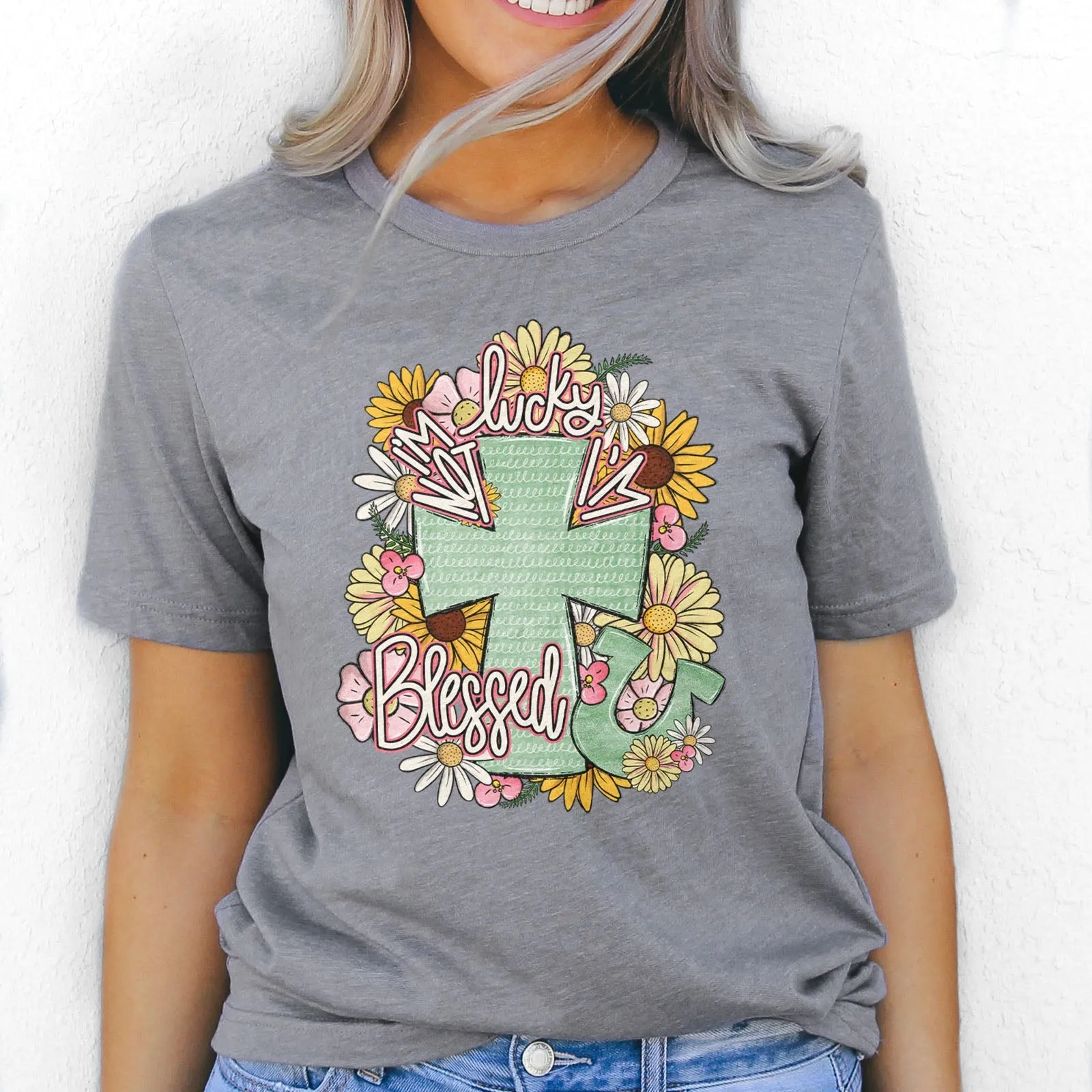 I'm Not Lucky I'm Blessed Floral Cross Tee Shirts For Women - Christian Shirts for Women - Religious Tee Shirts