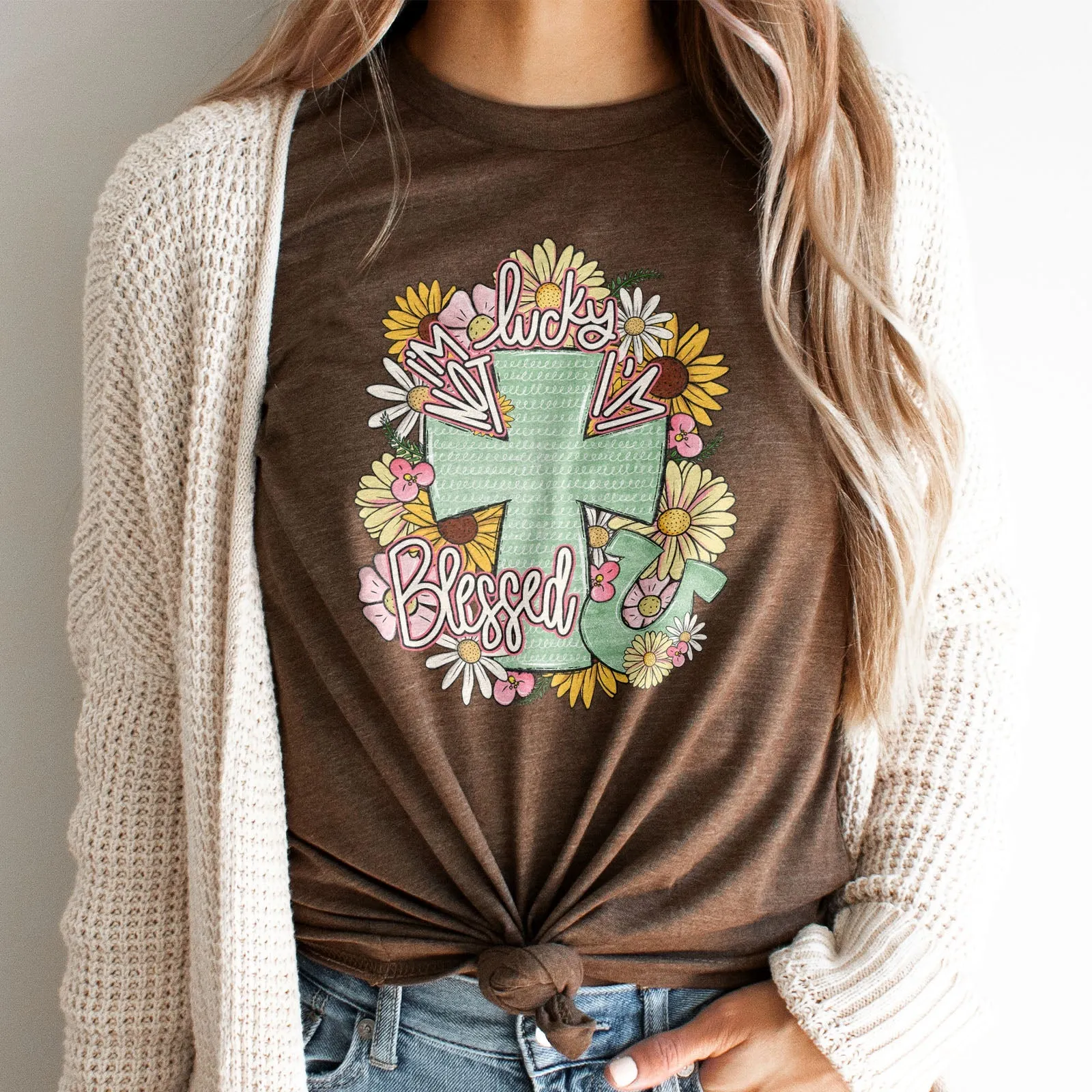 I'm Not Lucky I'm Blessed Floral Cross Tee Shirts For Women - Christian Shirts for Women - Religious Tee Shirts