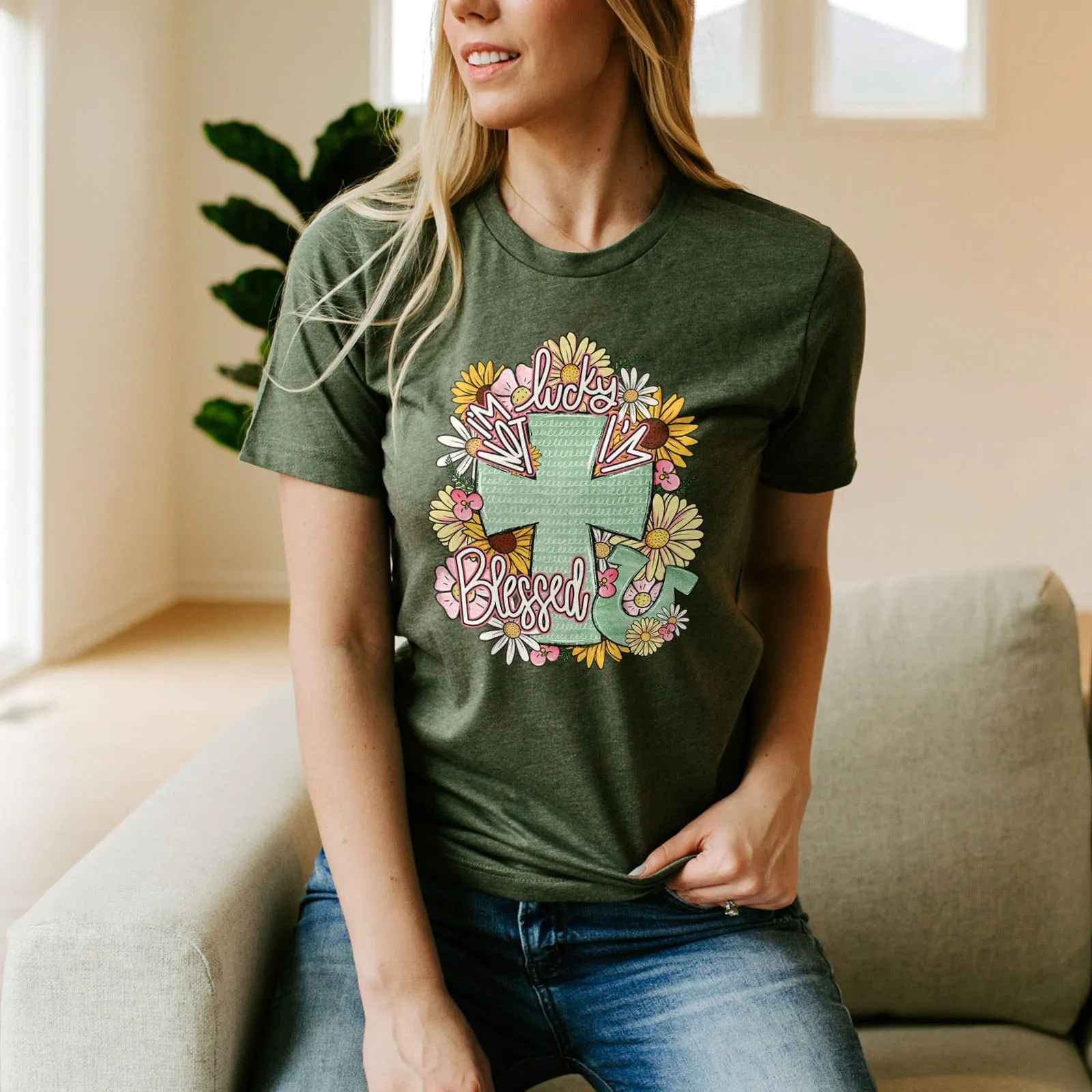 I'm Not Lucky I'm Blessed Floral Cross Tee Shirts For Women - Christian Shirts for Women - Religious Tee Shirts