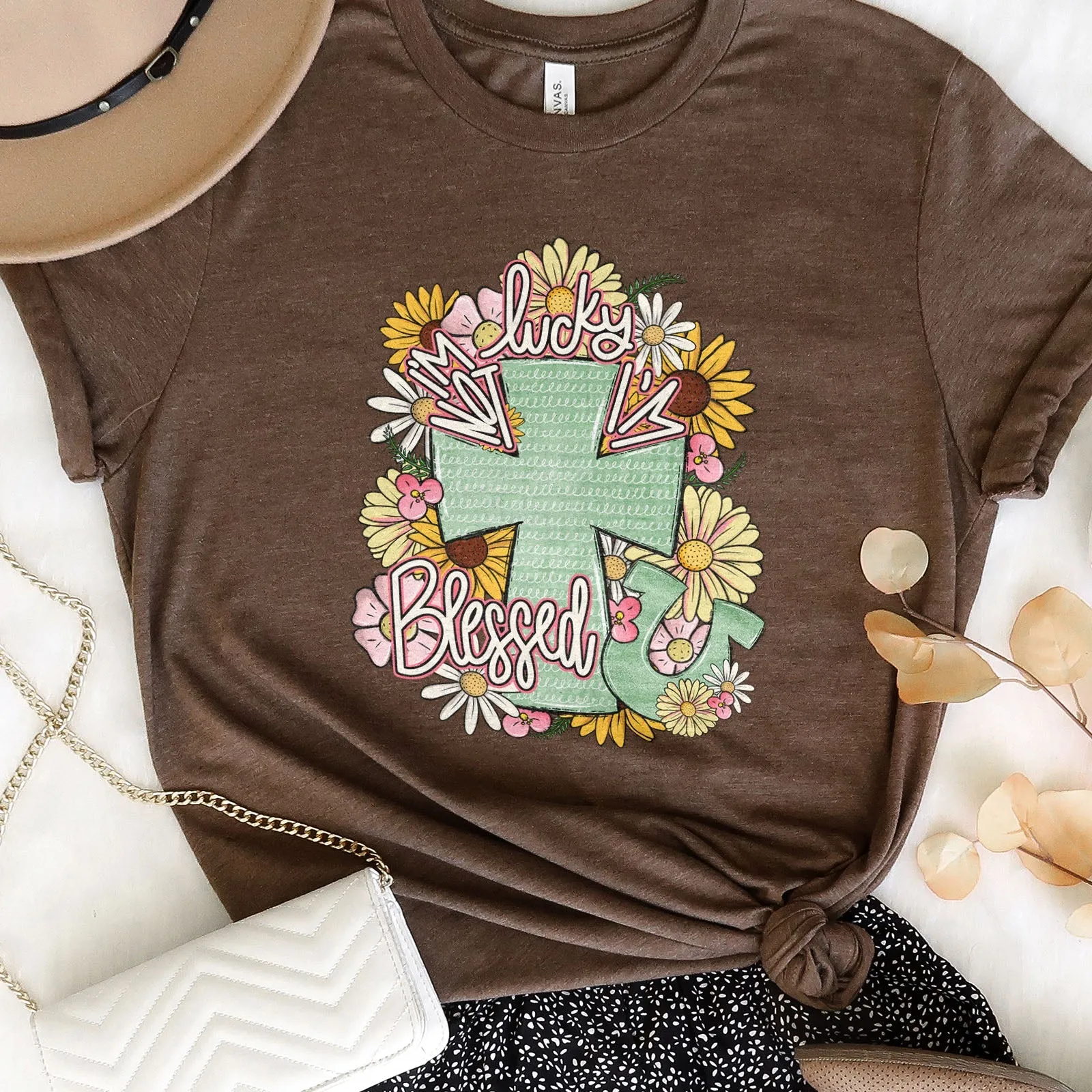 I'm Not Lucky I'm Blessed Floral Cross Tee Shirts For Women - Christian Shirts for Women - Religious Tee Shirts